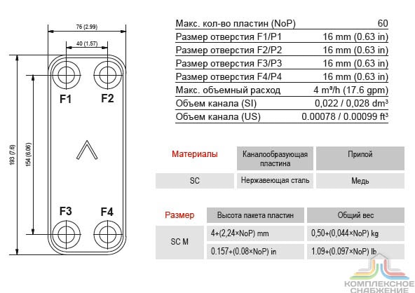 Габаритный чертёж и параметры паяного пластинчатого теплообменника SWEP B5AS